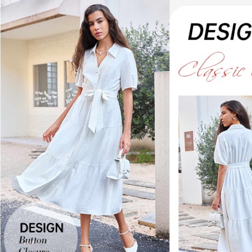Maxi Dress Short Sleeve V-Neck Casual Belt Button Closure Loose Fit Ruff…